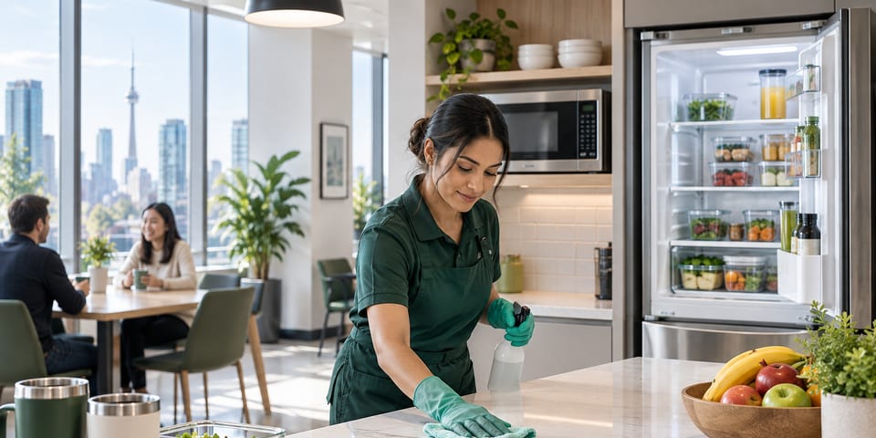Professional cleaner wiping a modern office break-room counter beside an organized refrigerator