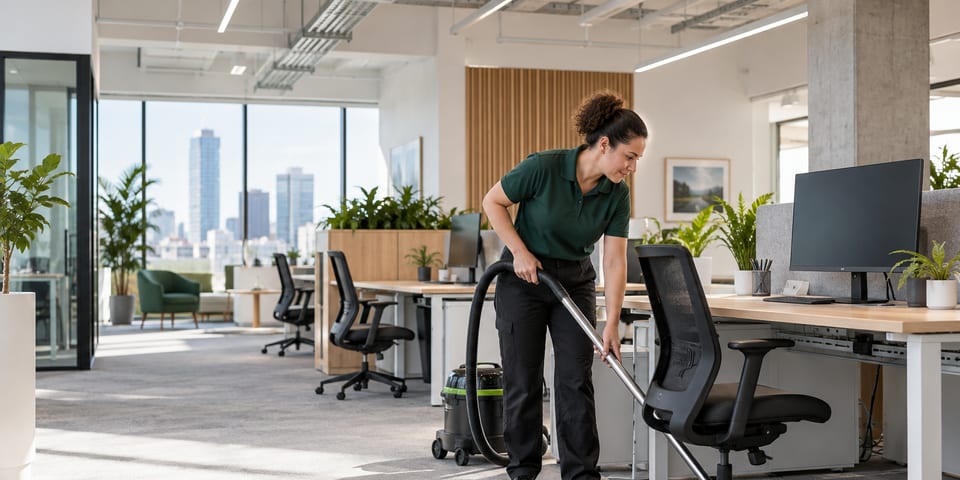 Cleaner vacuuming beneath uncluttered workstations in an easy-to-maintain office layout
