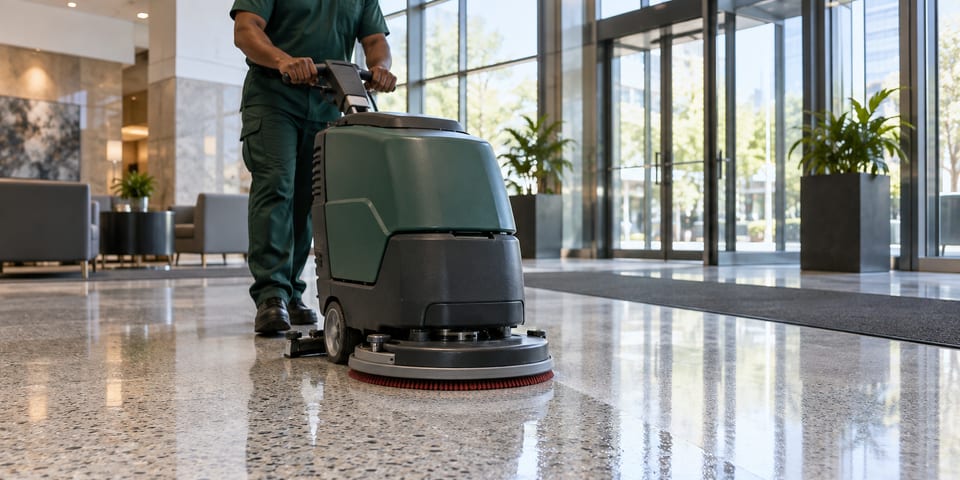 Commercial cleaner using an auto scrubber on a polished modern lobby floor