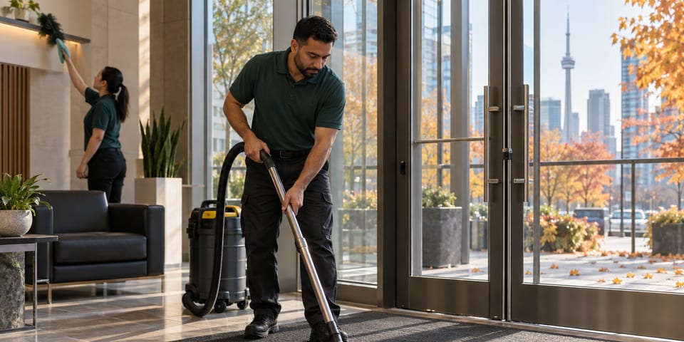Professional cleaner vacuuming an office entrance mat on a crisp autumn morning