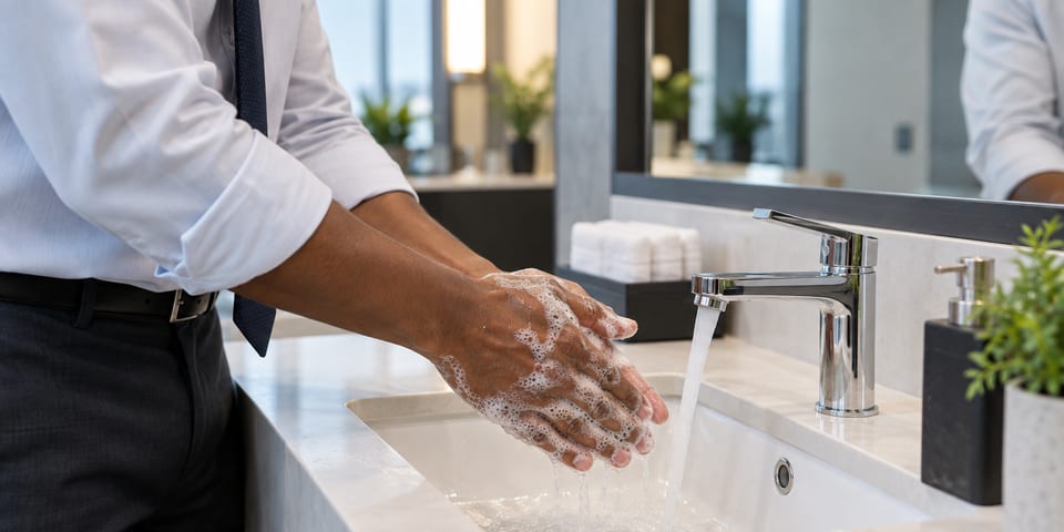 Office worker thoroughly washing their hands with soap at a workplace sink