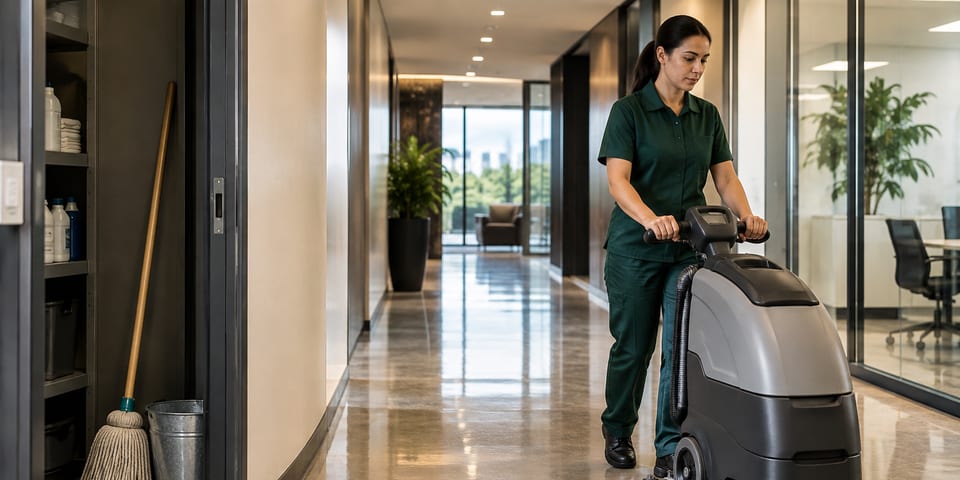 Professional cleaner using a modern floor scrubber while an old mop remains in storage