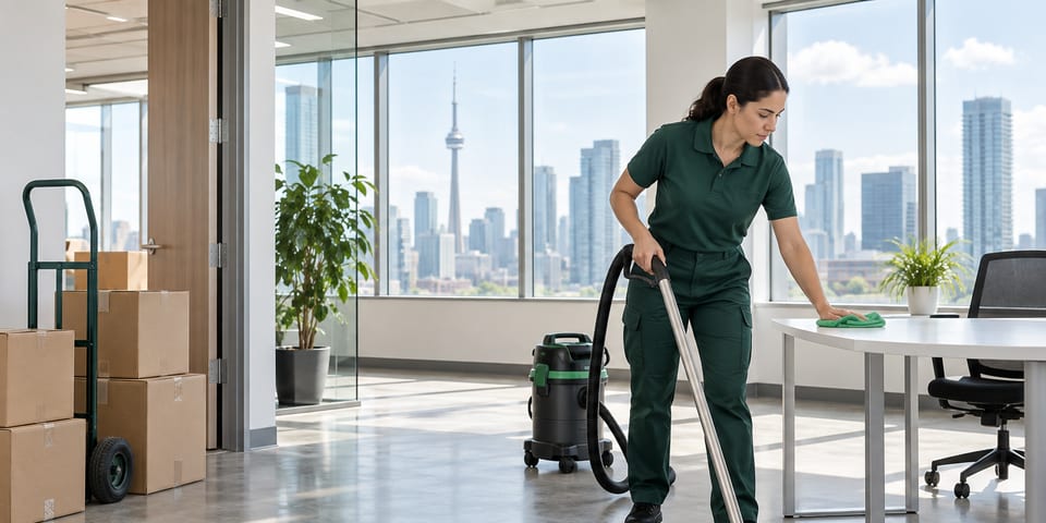 Professional cleaner preparing a bright office with packed moving boxes for a seamless relocation