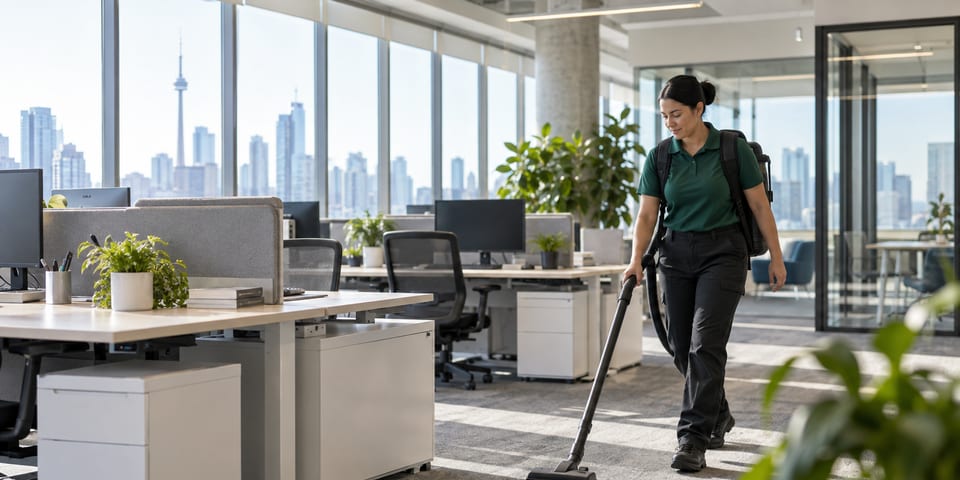 Professional cleaner vacuuming between workstations as part of a regular office cleaning routine