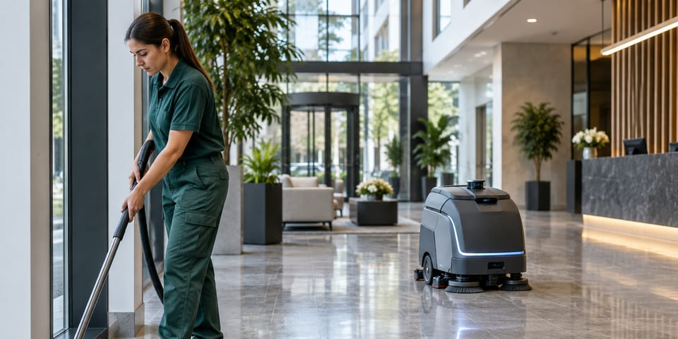 Cleaner detailing floor edges while an autonomous scrubber handles an open lobby area