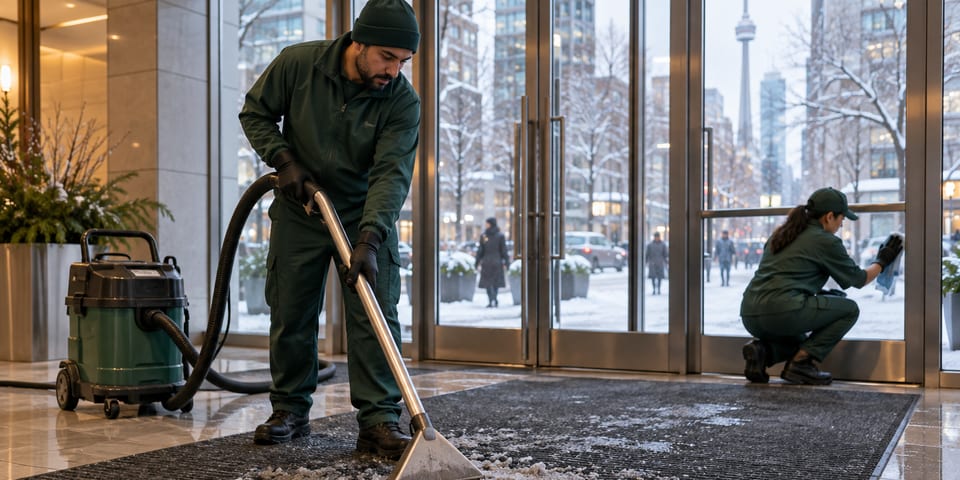 Professional cleaner extracting salty slush from a commercial entrance mat after snowfall