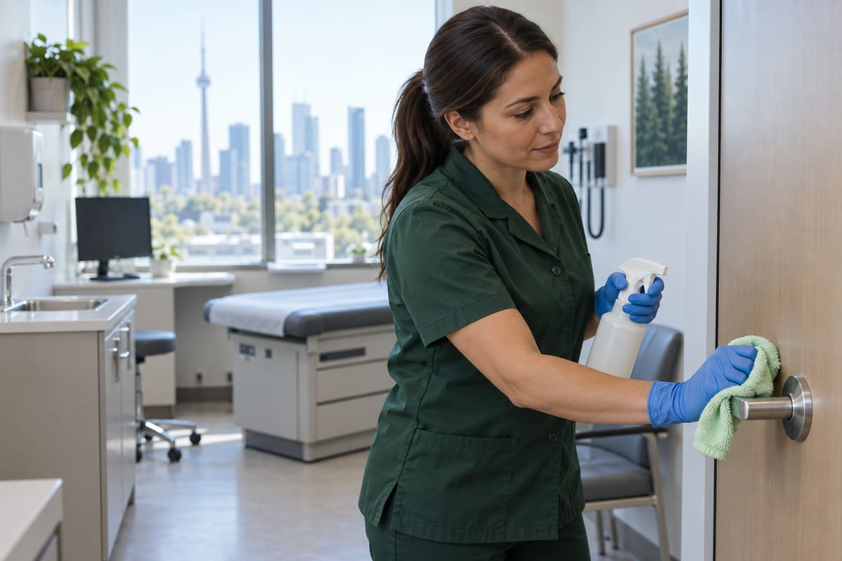 Cleaner in protective gloves disinfecting a commercial workspace