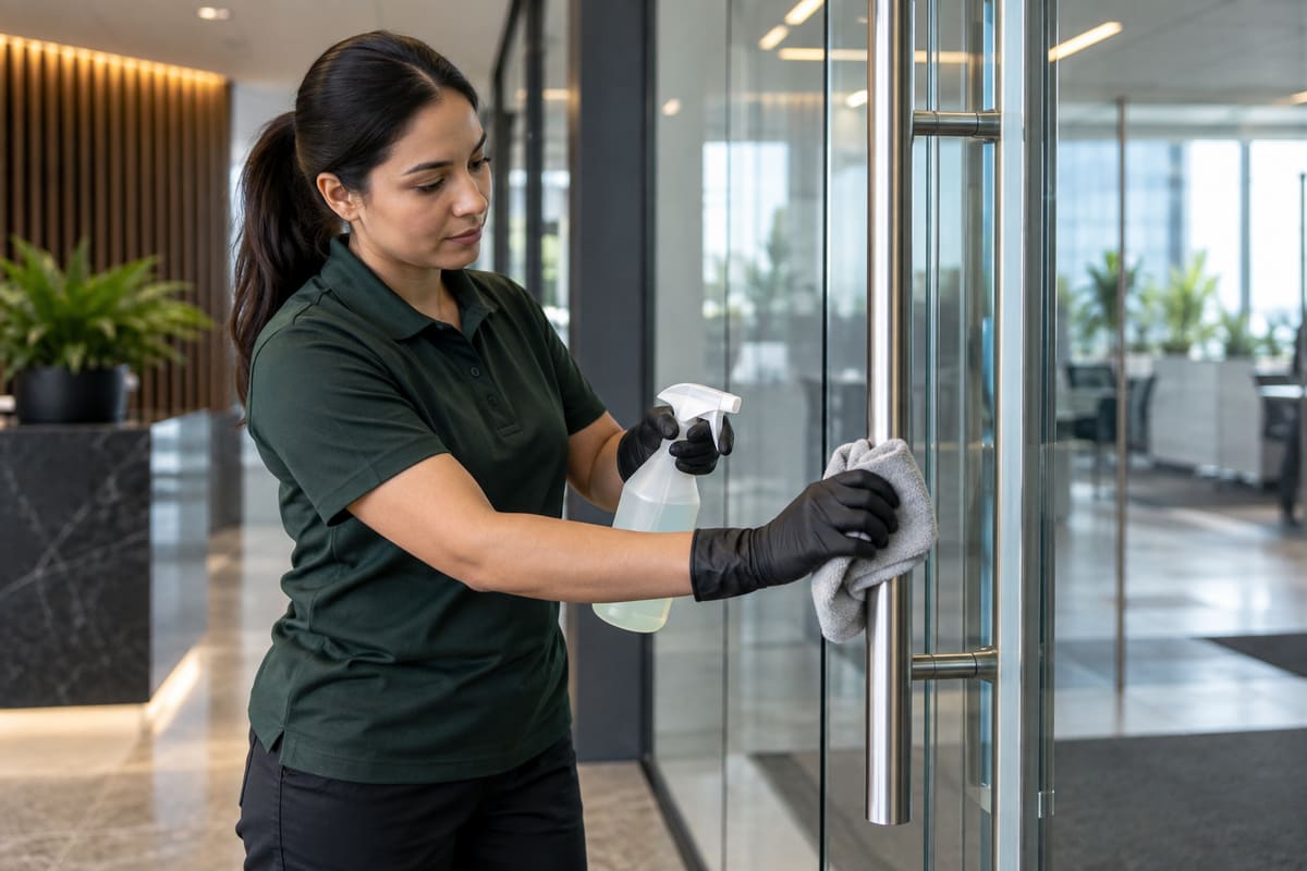 Cleaner spraying and wiping a glass office door handle