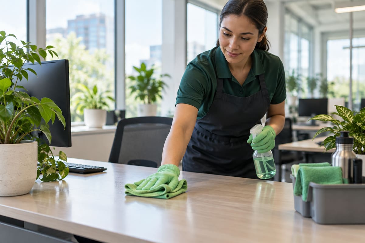 Gloved cleaner wiping a counter with a green microfibre cloth