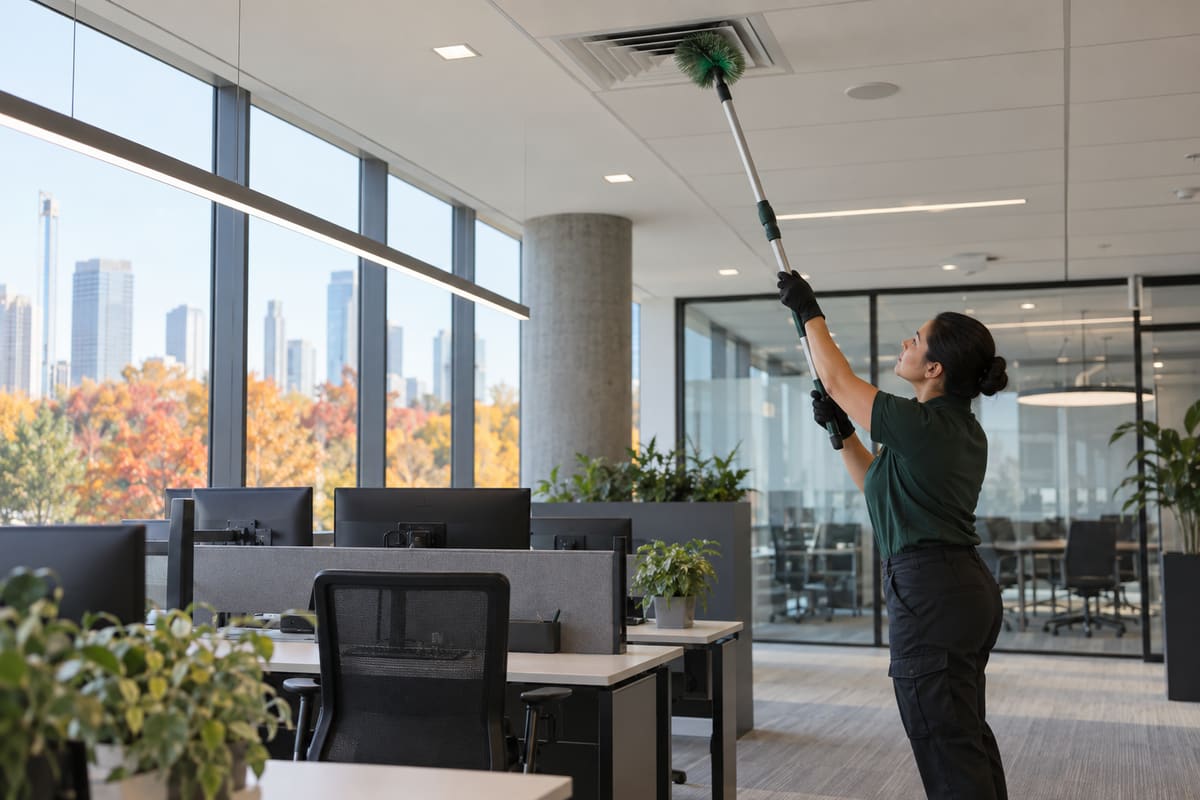Cleaner high-dusting an office ceiling and vents