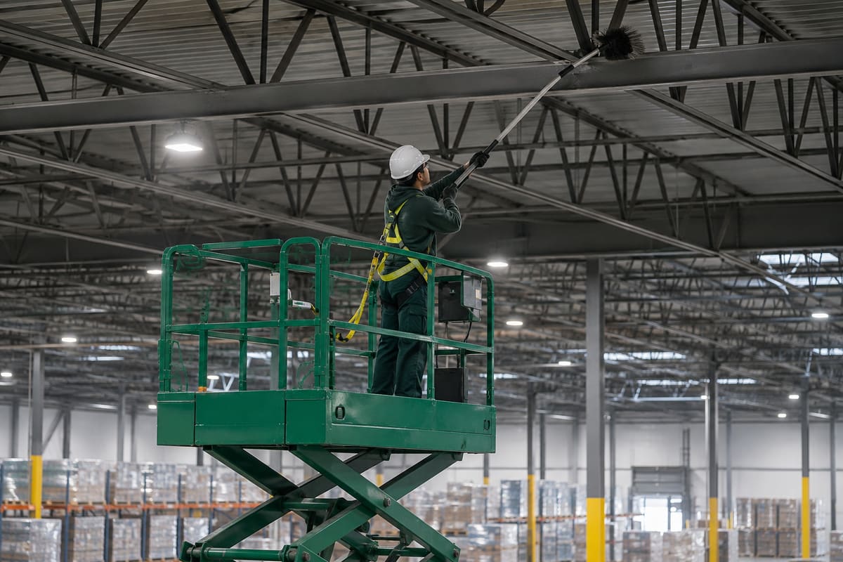 Technician high-dusting warehouse ceilings from a lift