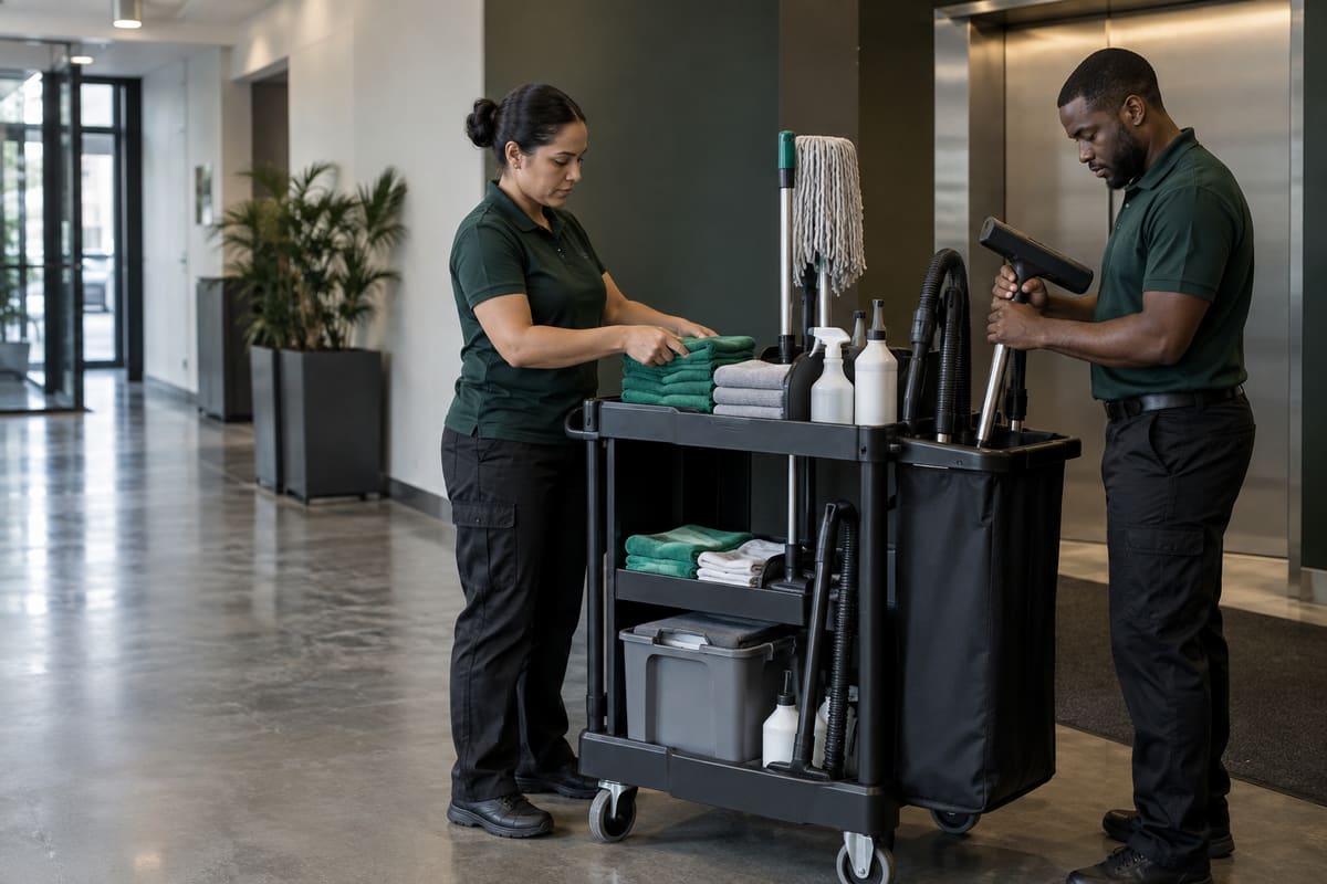 Janitorial cart stocked with cloths, sprays and supplies