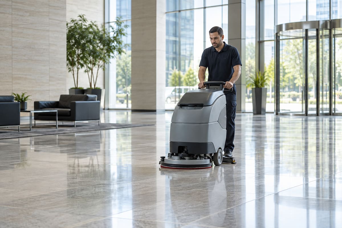 Evergreen technician scrubbing a polished commercial lobby floor