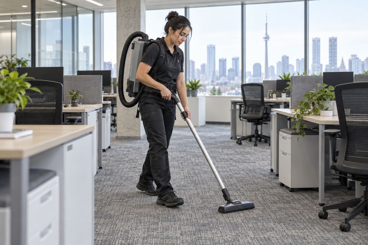 Cleaner vacuuming an open-plan Toronto office