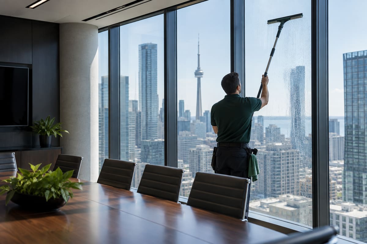 Cleaner washing office windows with a pole in Toronto