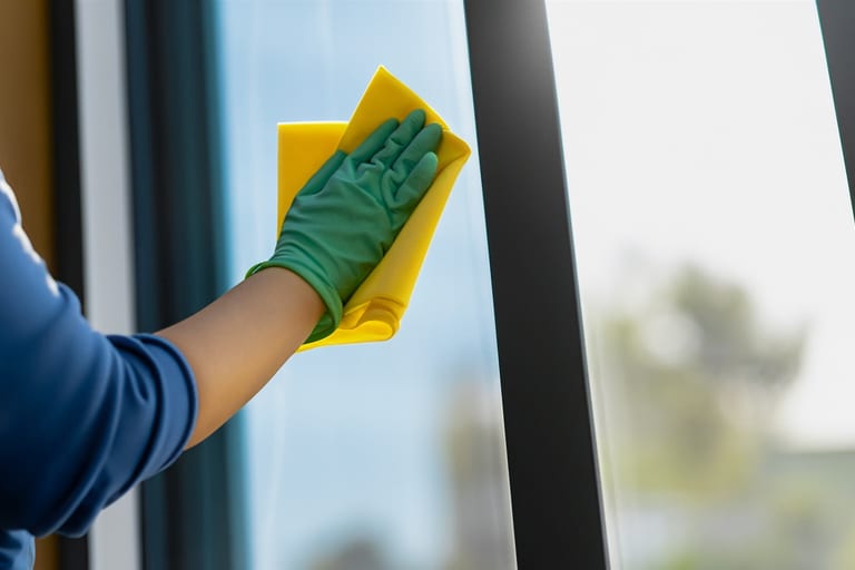 Cleaner washing an office window with a squeegee