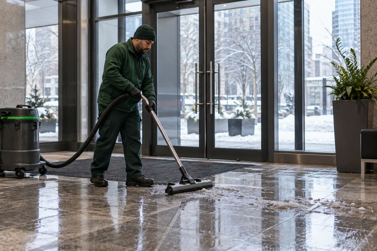 Building entrance floor being cleaned of winter slush